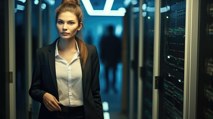 Leinwandbilder - Confident woman engineer working in data center, Data Protection Network for Cyber Security.