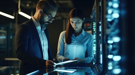 Fototapete - IT Engineer man and woman using laptop diagnostics or doing maintenance in server room.