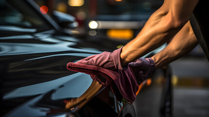 Wall Mural - A man cleaning car with microfiber cloth, car detailingor valeting concept. Modern car wash background.