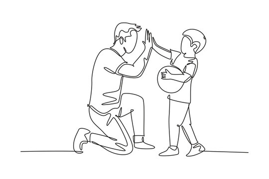 Continuous one line drawing young happy father bow his body to gives high five gesture to his attractive little boy. Parenting family care concept. Single line draw design vector graphic illustration