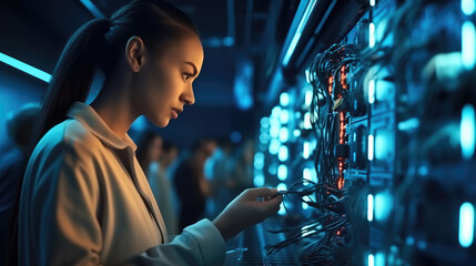 Fototapete - IT engineer female checking servers in big data center.