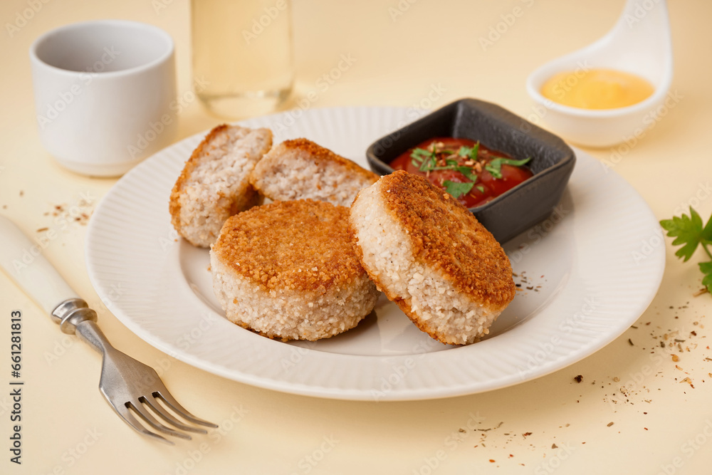 Plate with tasty meat cutlets and sauce on yellow background