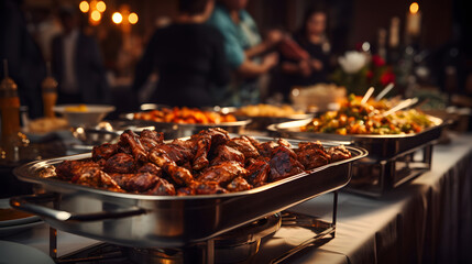 Canvas Print - People group catering buffet food indoor in restaurant with meat colorful fruits and vegetables.