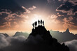 Teamwork concept with friends holding hands close to mountain top, Group of people holding hands at the top of mountain