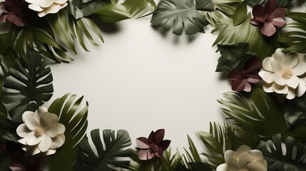 Creative layout made of tropical leaves and flowers. Flat lay. Nature concept.