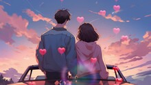 Couple Sitting On Top Of The Car Hugging Each Other Enjoying The Beautiful Evening Sky. Cartoon Anime Style. Animated Looping Background