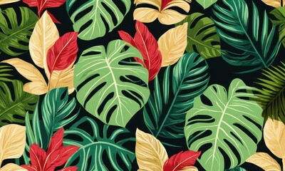 Wall Mural - Multicolor background, texture. Green fresh leaves, jungle, hawaii. Tropical seamless pattern. Hand-drawn premium 3d illustration. Luxury, mural, cloth, fabric printing, scrapbooking, Generative AI