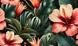 © Sach - Floral fantasy seamless pattern with vintage exotic tropical flowers, hibiscus, protea, plumeria, cactus, leaves. 3d illustration. Magic abstract background.Luxury design wallpaper, mural,GenerativeAI