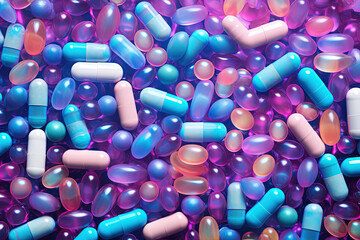 Wall Mural - Background with pills and capsules in neon blue and purple colors. Medical drug or dietary supplement concept.