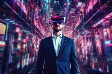 Businessman wearing virtual reality with digital big data transfer from brain to buzzy software showing futuristic technology generative AI image