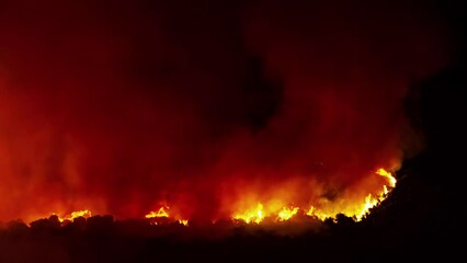 Wall Mural - Blazing Wildfire In Forest Mountains, Flaring In Night Darkness. Timelapse