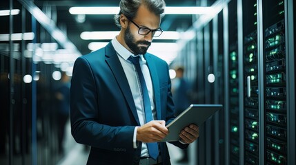 Datacenter technician holding a clipboard, inspecting servers