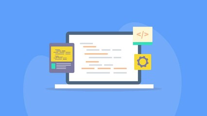Wall Mural - programming source code and software application development script, data on laptop screen, informat
