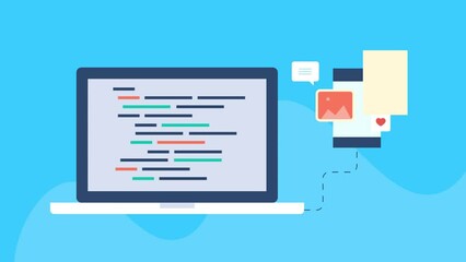 Wall Mural - coding script on laptop screen with connected mobile, multiple application testing on smartphone, te