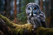 Great Grey Owl In Natural Forest Environment. Wildlife Photography