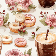 Seamless Pattern With Donuts And Paper Takeaway Coffee Cups, Tile, Watercolor Illustration, Sweet Glazed Donut, Cafe, Coffee Shop, Breakfast, Sprinkles, Baked Goods, Background