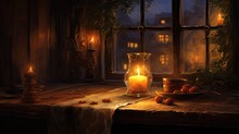 Candle Lights Lamp On Wooden Table In Vintage Old Room, City View Out Of Window, Oil Painting, Generative Ai