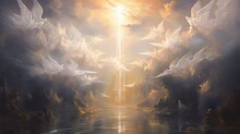Oil Painting Style Cloudy Sky Open For Divine Heavenly Light Shine Upon Earth Surrounded By Many Angels, Background Wallpaper, Generative Ai