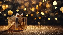 Portrait Gold Gift Box On The Glitter Background AI Generative