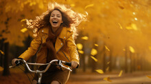 Beautiful Woman Riding Bicycle At Autumn Forest