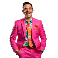 portrait of a smiling hispanic man wearing colourful pink business suit isolated on transparent background -  design element cut-out PNG