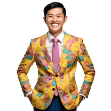 Portrait Of A Smiling Asian Man Wearing Colourful Yellow Multicolour Business Suit Isolated On Transparent Background -  Design Element Cut-out PNG
