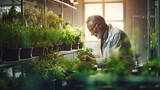 Fototapeta  - A botanist inspecting plants in a lab using genetic engineering and hydroponics.
