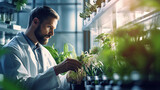 Fototapeta  - A botanist inspecting plants in a lab using genetic engineering and hydroponics.