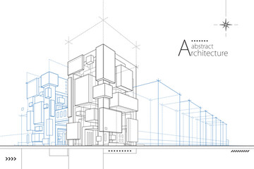 Aufkleber - 3D illustration abstract urban building out-line drawing of imagination architecture building construction design.