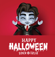 Wall Mural - Halloween vampire character vector template design. Happy halloween greeting text in red space for typography with vampire boy character horror seasonal background. Vector illustration party 