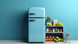 a image of Blue refrigerator on a blue background with snowdrift. 3d rendering deep freezer, fridge Generative AI