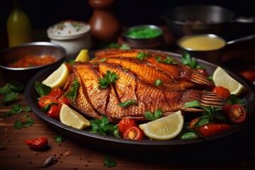 Wall Mural - a image of Baked fish with lemon and tomatoes on a wooden background Generative AI