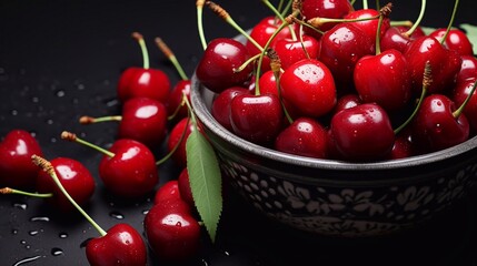 Wall Mural - a photo of Cherries in a bowl with water drops on a black background Generative AI