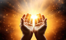 Someone Who Is Raising His Hands To Pray With The Effect Of A Bright Beam Of Light. Generative AI