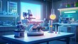 
An animated picture shows scientists doing an experiment in a fancy lab with a close-up view of the lab bench and high-tech gear