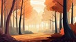 A calm and colourful animated picture takes you through a peaceful autumn forest, showing wide views from a low angle