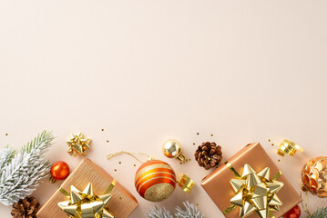 Festive Joy: Top view of gift packages with star bows, rich orange and gold tree ornaments, pine cones, glitter, frosty fir twigs against soft beige backdrop, leaving space for your custom text or ad