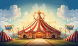 Fototapeta  - A colorful and whimsical circus tent standing tall at the big top circus