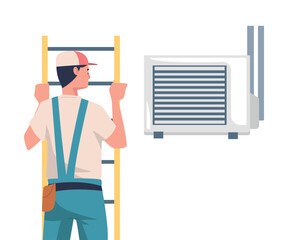 Wall Mural - Man Character on Ladder Fix and Repair Ventilation and Air Conditioner Vector Illustration