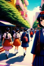 Japanese Women In Schoolgirl Uniform Waking In The Streets Of Tokoy On The Way Home After University. 80s Manga Style. Hi Resolution. Dreamy.