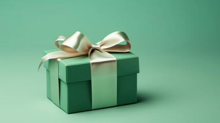 A soft green gift box with a bow and ribbons on a green background