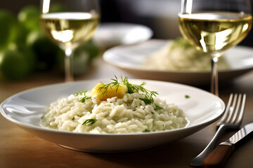 Wall Mural - delicious Vegan risotto rice with glass of white wine in restaurant