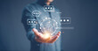 © FON's Fasai - Futuristic technology transformation smart robot AI on Human hand. Businessman virtual graphic Global Internet connect Command prompt Chat AI. Chatbot Chat with Artificial Intelligence