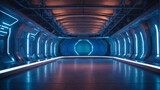Fototapeta Do przedpokoju - Futuristic science spaceship tunnel corridor with glowing lights 3d rendering wallpaper background
