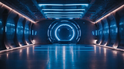 Futuristic science spaceship tunnel corridor with glowing lights 3d rendering wallpaper background