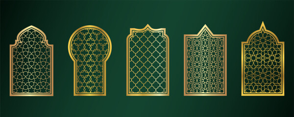 Wall Mural - Golden Ramadan windows. Islamic door frames with ornament. Arabic mosque arch on green background. Islamic vector decoration