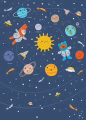  Planets of the solar system. Space with planets and two cartoon characters. Star Universe. Hare and bear in space. Flat vector illustration