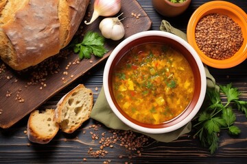 Poster - rustic bread beside a bowl of lentil soup, overhead shot