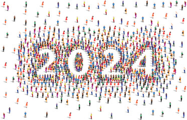 happy new year 2024. a large group of people form to create 2024. vector illustration.