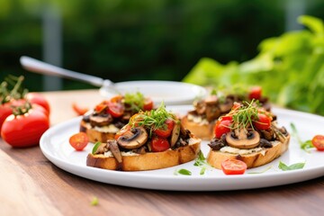 Poster - mushroom bruschetta on a white plate with a leafy background